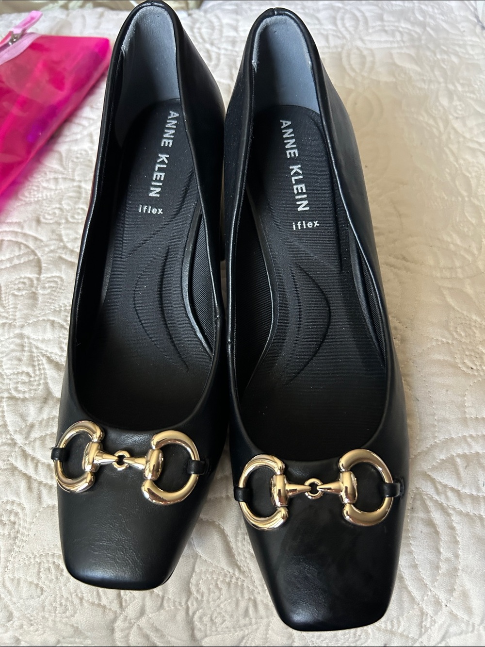 Anne Klein Black Leather Square-Toe Flats with Gold Horsebit Accent